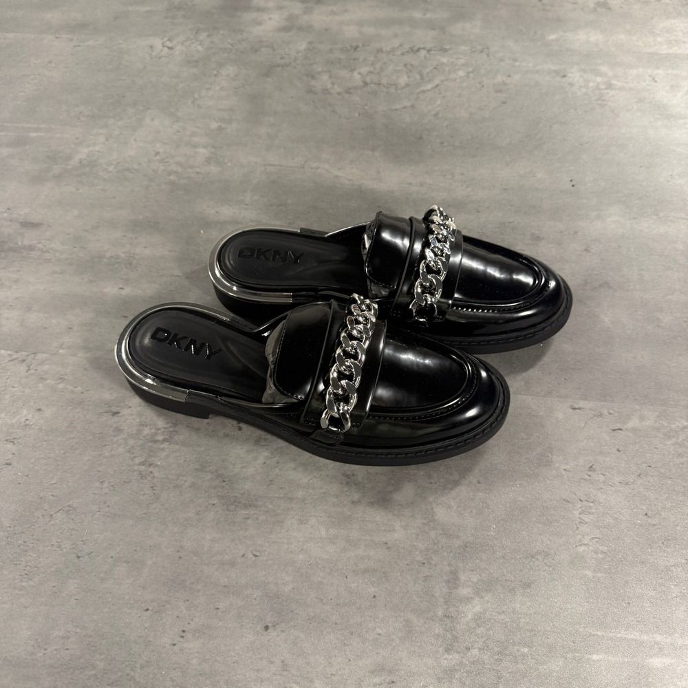 DKNY Mules Womens 6 Rigby Black Silver Chain Patent Backless Loafer NEW $130